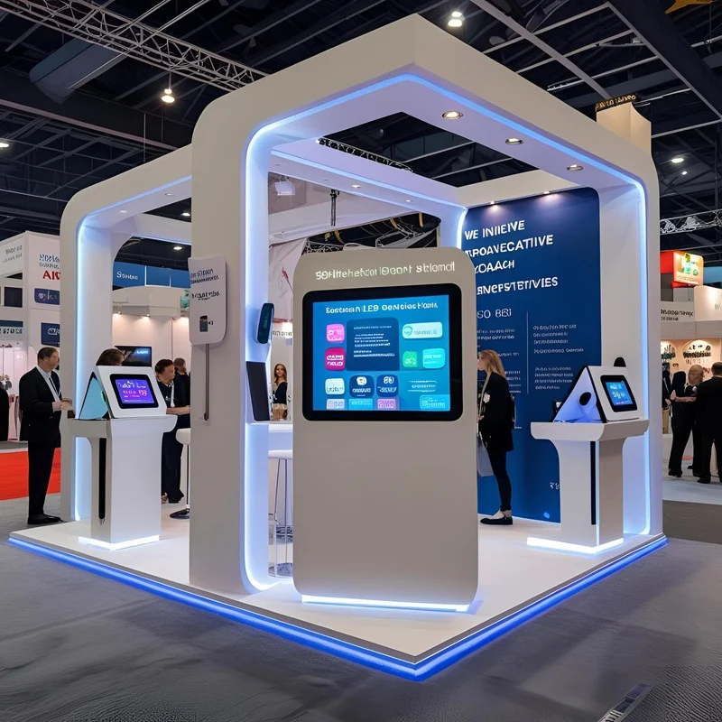 Exhibition booth with screens and standees